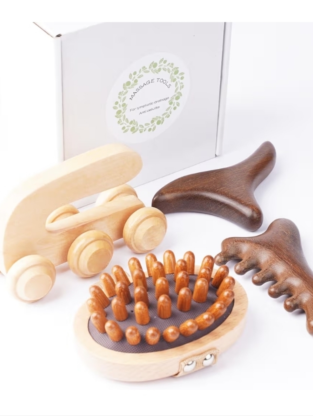 Wooden Body Massage Tool Set - Natural & Dark Wood